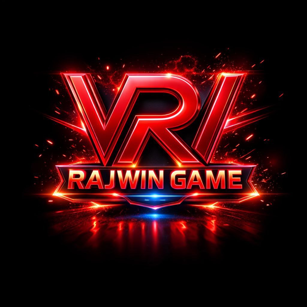Rajwin Game red neon logo with glowing effects on black background